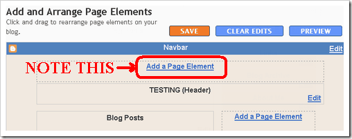 blogspot blog with add a page element option in header