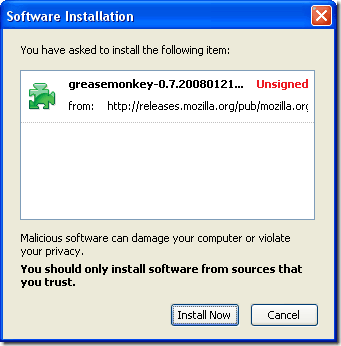 Greasemonkey firefox extension - Install dialog