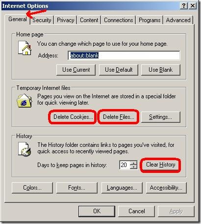 Genreal Internet Options in IE