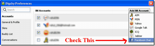 facebook chat option in digsby prefernces 
