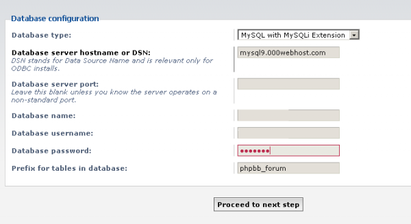 database settings in phpBB installation