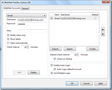 web mail notifier option window